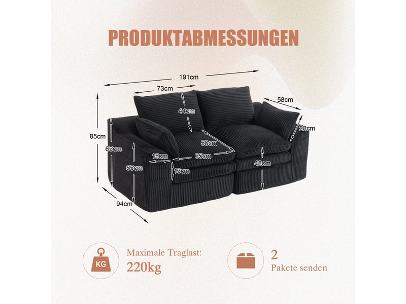  Canapé droit fixe 2 places tissu noir canapé compressible - Conforama C