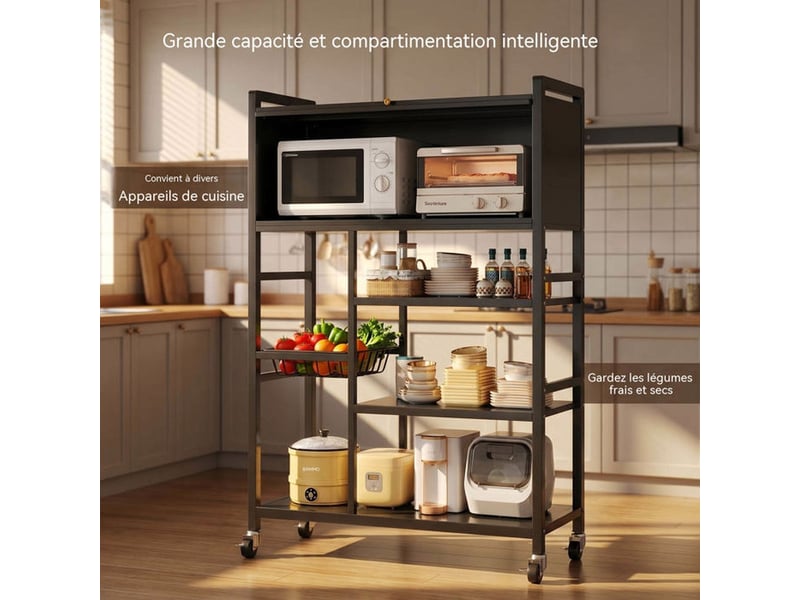  Rangement cuisine mobile 5 niveaux noir avec porte translucide et roulettes avec frein  - Conforama C