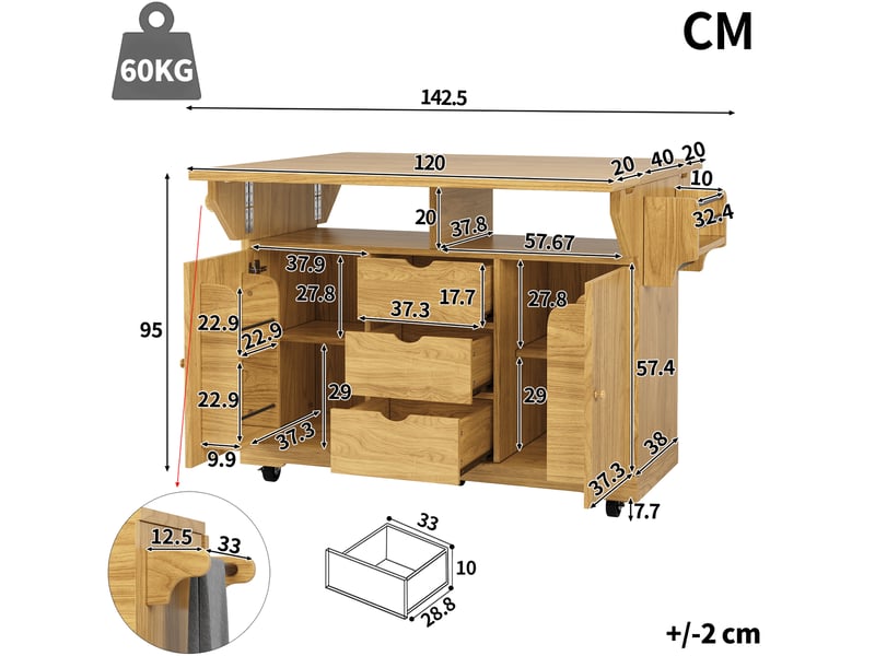  Desserte de cuisine avec 3 tiroirs, étagères réglables, plateaux rabattables et roulettes freinées, en mdf marron  - Conforama E