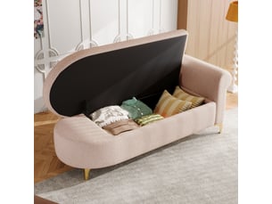 Méridienne avec coffre de rangement, dossier ondulé et 2 coussins, tissu effet mouton rose clair, 134×64×70 cm