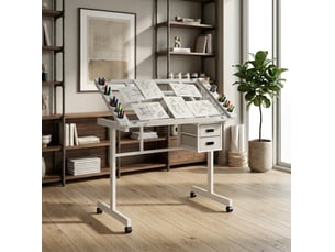 Table de dessin réglable en verre avec 2 tiroirs en tissu et 4 roulettes blanches