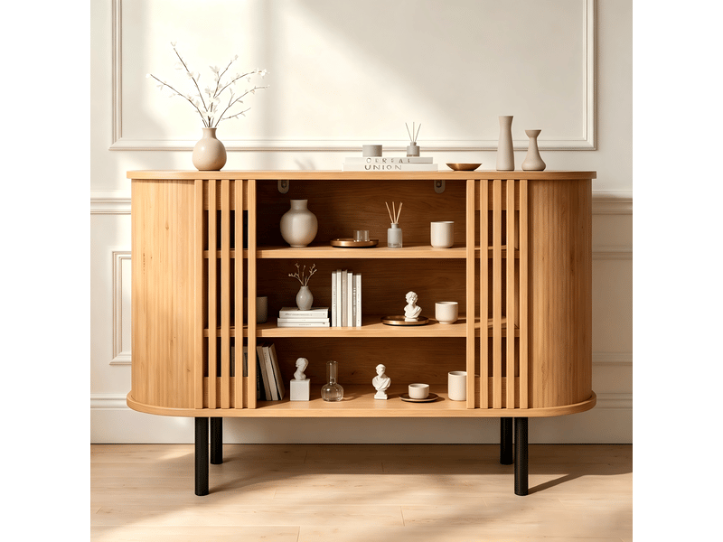  Buffet bas 120x40x80 cm avec 3 niches ouvertes et structure ajourée à lattes, meuble de rangement avec 4 pieds réglables en métal, mdf, naturel Seren Glow - Conforama D