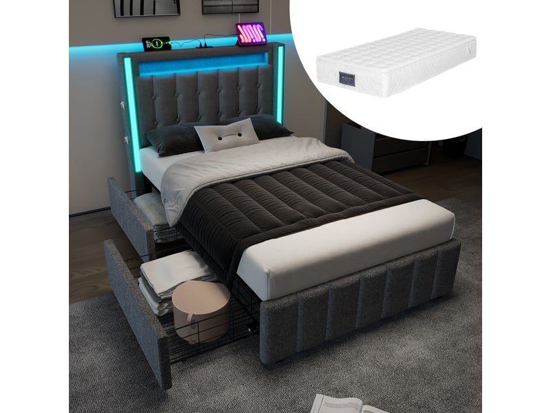  Lit simple 90x200 cm avec éclairage led et 2 tiroirs, structure de lit avec matelas, lit enfant avec sommier à lattes en bois, gris  - Conforama A