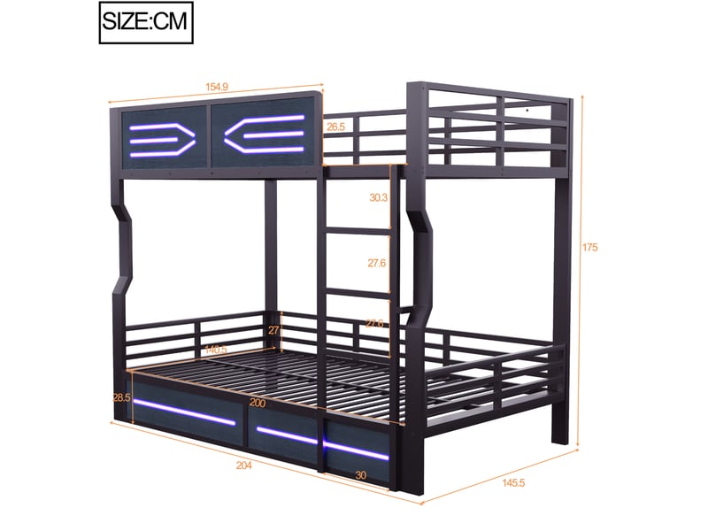  Lit superposé 140x200 cm noir en métal avec led, échelle droite et garde-corps haut pour adolescents, sans matelas  - Conforama C