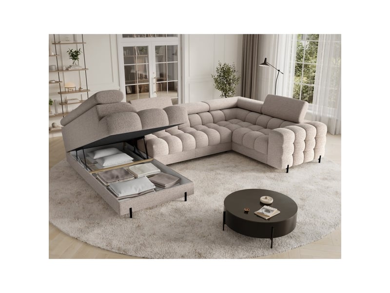  Canapé panoramique convertible factory 3 places beige – angle gauche avec coffre  - Conforama D