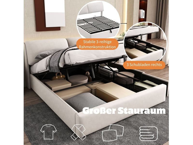 Lit coffre hydraulique 180x200 cm, 3 tiroirs, sommier à lattes, tête réglable, velours, beige sans matelas - Conforama E