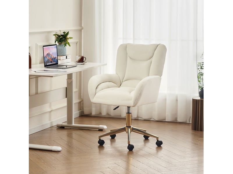  Chaise de bureau en velours beige à hauteur réglable, base métal doré et roulettes 360°, confort au quotidien  - Conforama E