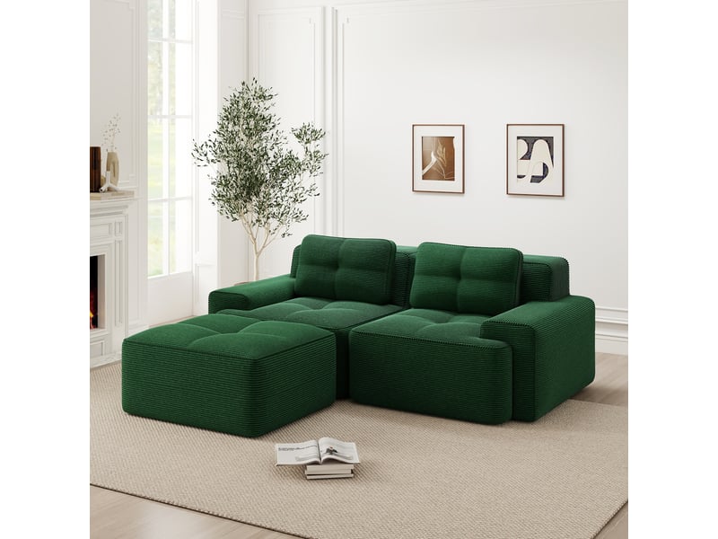 Canapé modulable d'angle en l,204x177x69cm,canapé 2 places sans structure avec 1 pouf,en velours côtel,rembourrage haute densité 32d - vert - Conforama B