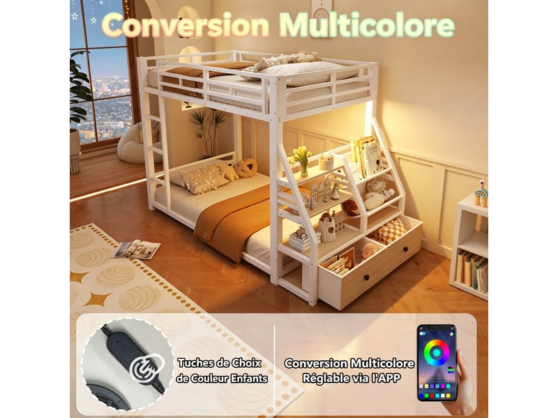  Lit superposé en métal 90x200 cm, éclairage led, 2 tiroirs en tissu, escalier, garde-corps, rangement ouvert, blanc BrimViber - Conforama E