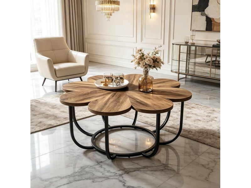  Table basse ronde en forme de fleur 100 cm, bois et métal noir et marron, pieds réglables pour le salon  - Conforama E