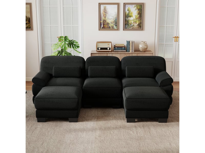  Canapé panoramique modulable 3 places 265x161x94 cm avec 2 poufs, tissu velours côtelé, assise profonde, coussins épais, structure renforcée - noir  - Conforama D
