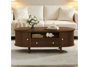 Table basse ovale salon décor noyer avec porte tambour, 1 tiroir, niche de rangement et 4 pieds 100x50x36 cm