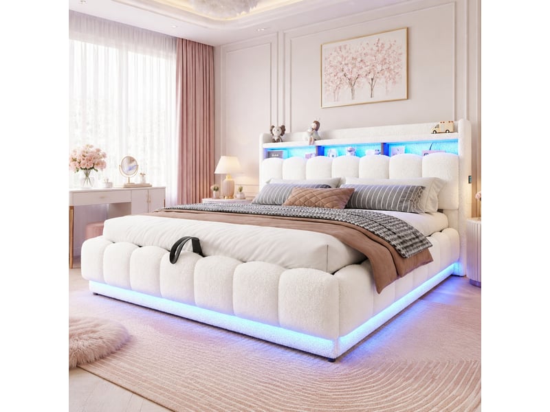  Lit coffre 180 x 200 cm blanc avec led, usb et sommier métallique  - Conforama C