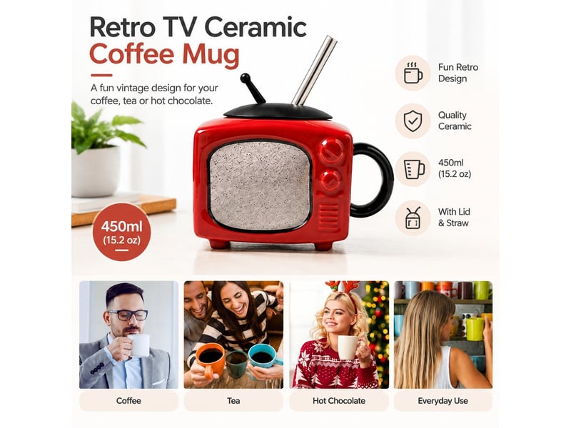  Mug en céramique avec couvercle et paille, télévision rétro, rouge, 450 ml  - Conforama D