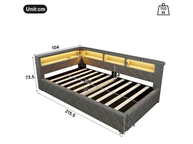  Canapé-lit, 90 x 200 cm, rangement hydraulique, avec bandeau led, avec port usb, sans matelas, lin  - Conforama C