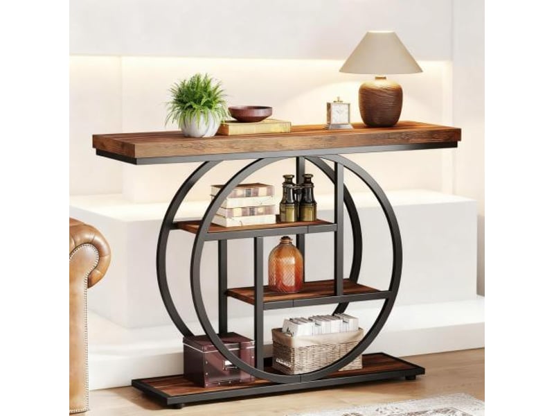  Console industrielle à 4 niveaux en bois et métal marron rustique et noir 105x30x80 cm  - Conforama E