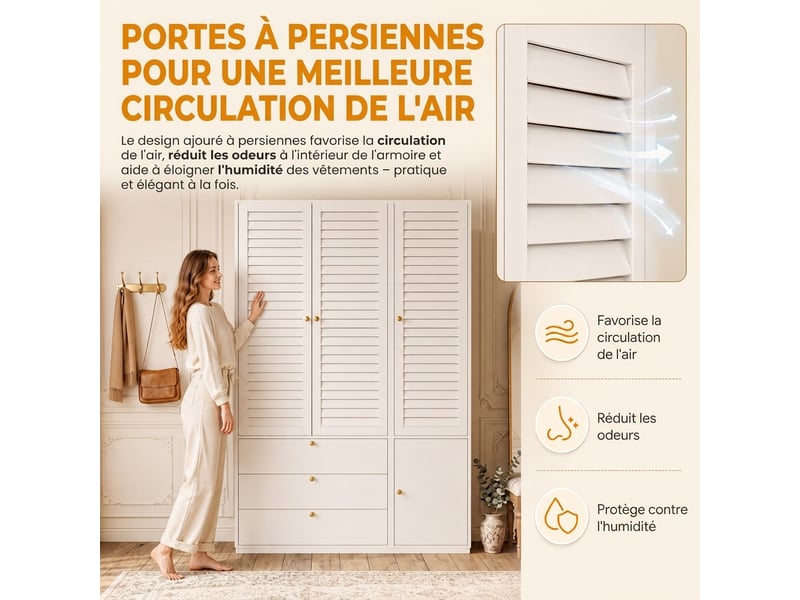 Armoire 10 portes chêne clair 225 cm avec 3 tiroirs et 2 tringles - Conforama R