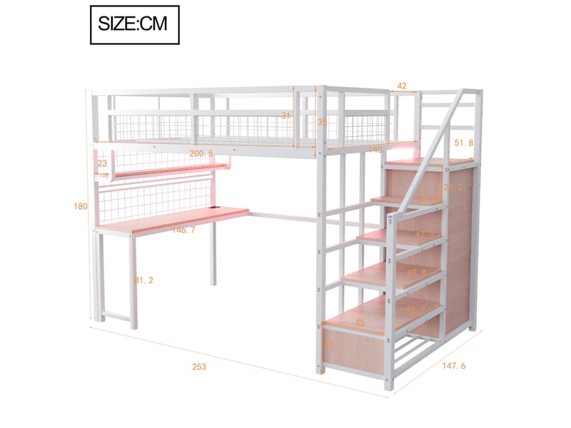  Lit mezzanine 140x200 cm avec escalier de rangement, bureau et penderie blanc  - Conforama C