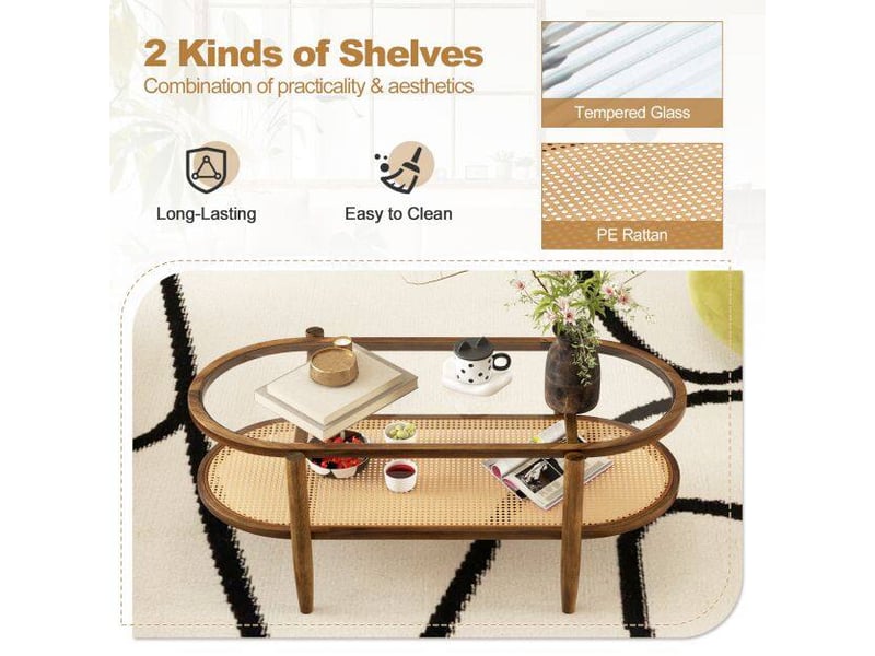  Rangement spacieux table basse 2 niveaux plateau verre trempé et étagère rotin pe cadre acacia 102x56x47 cm pour salon  - Conforama D