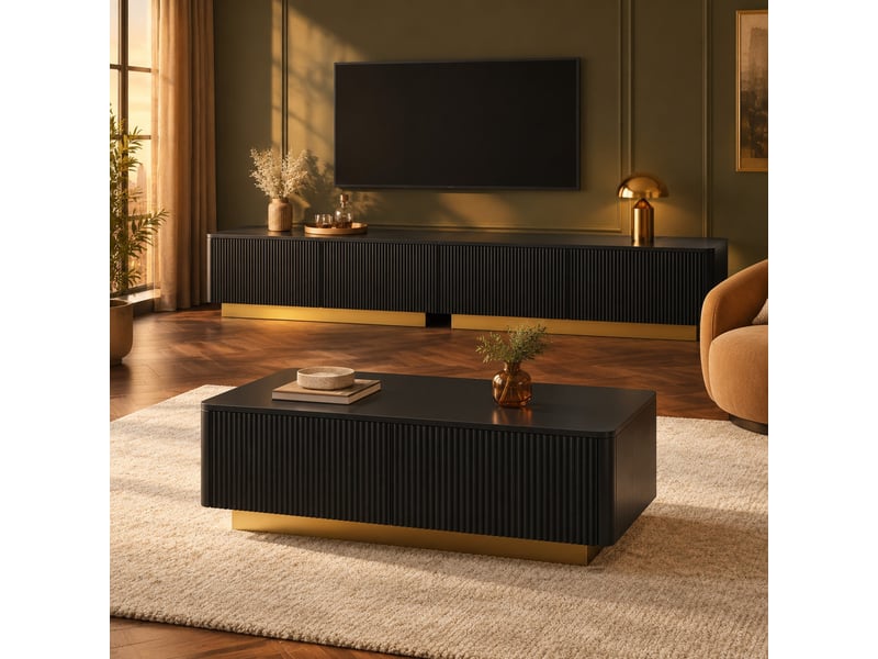  Meuble tv et table basse 2 pièces avec rangements et façades rainurées, en mdf et panneaux de particules, noir, salon  - Conforama B