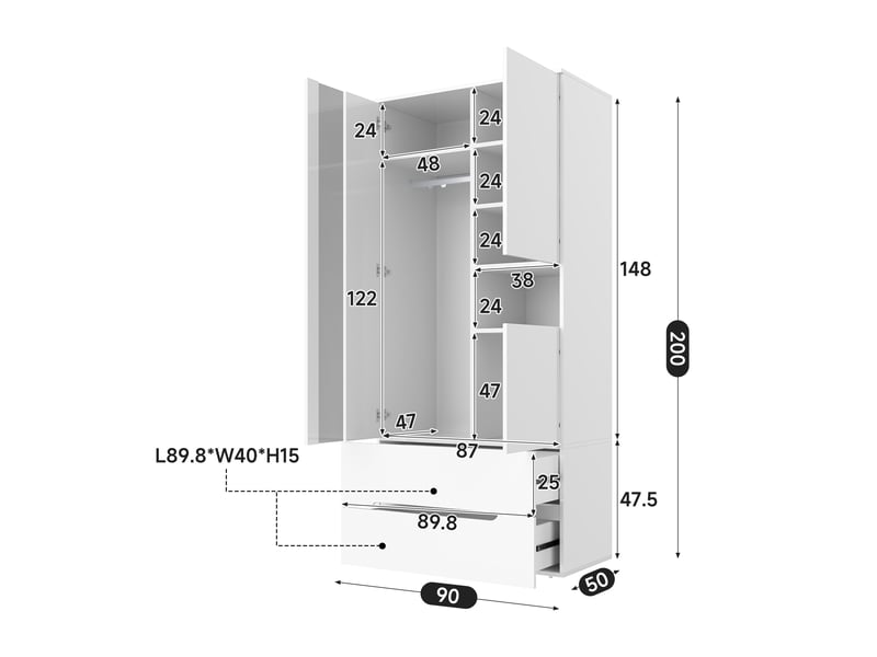  Armoire de chambre 90 x 50 x 200 cm avec led, 3 portes et 2 tiroirs, dressing avec penderie et 6 compartiments de rangement, en mdf, blanc  - Conforama E