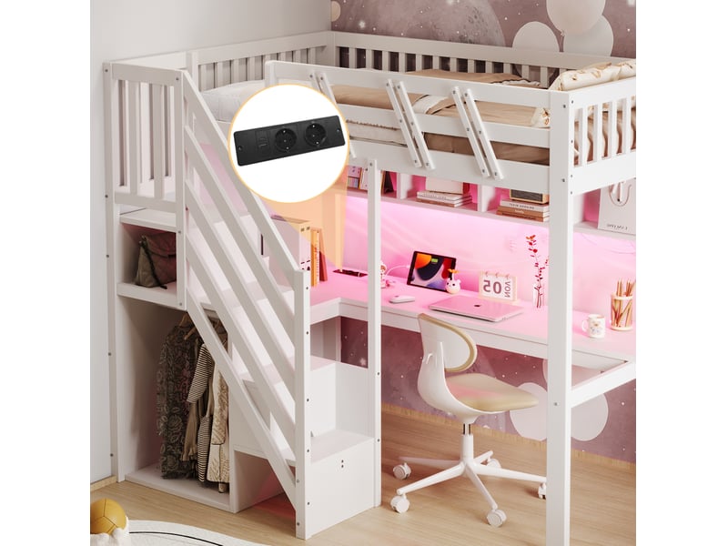  Lit mezzanine enfant 90×200 cm avec escalier de rangement, bureau et led, bois, blanc, sans matelas  - Conforama E