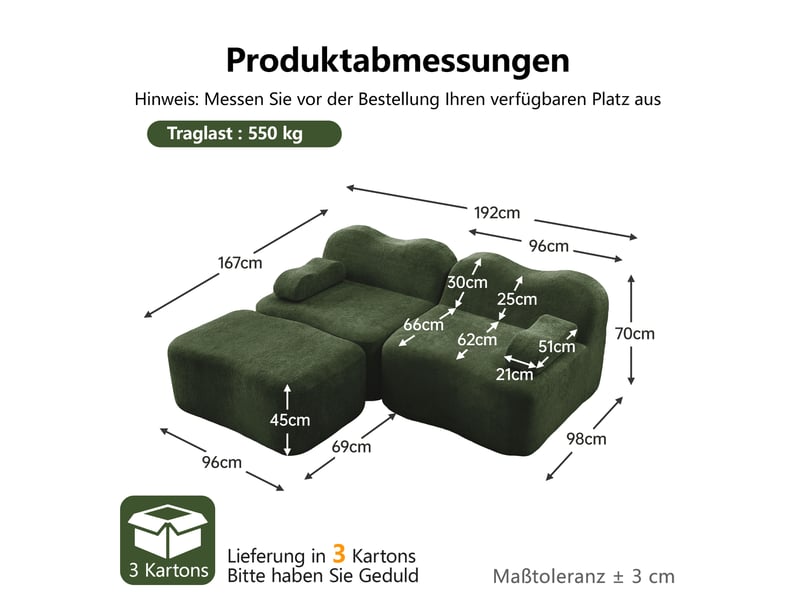  Canapé d’angle 2 places modulable vert en velours avec pouf assorti, forme ondulée, assise profonde pour salon et appartement  - Conforama B