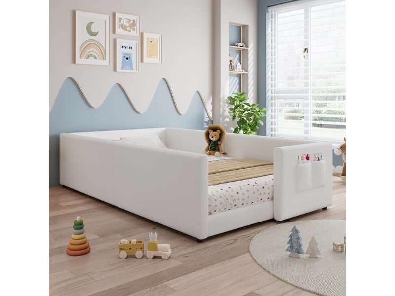 Lit au sol montessori enfant 90x200cm, lit simple bas rembourré sur tout le pourtour avec poche latérale, velours, blanc evarich - Conforama E
