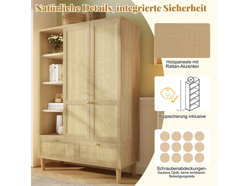 Armoire chambre 120x50x180 cm - penderie 2 portes, cannage rotin, 2 tiroirs, 4 étagères ouvertes, effet chêne - Conforama R