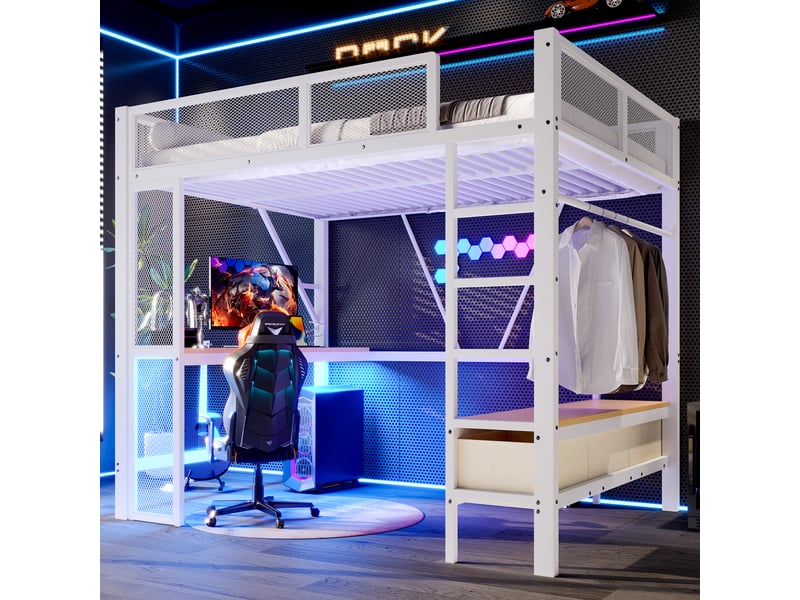  Lit mezzanine 140x200 cm blanc, avec bureau, 3 tiroirs, penderie, led 16 couleurs, usb, structure métal, sommier inclus, sans matelas  - Conforama B