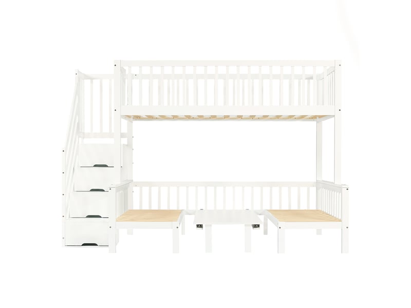 Lit superposé, lit enfant, table multifonctionnelle réglable en hauteur, escalier de rangement robuste, barrière de sécurité, pin + mdf + contreplaqué, blanc, 90 x 200 cm et 120 x 200 cm - Conforama D