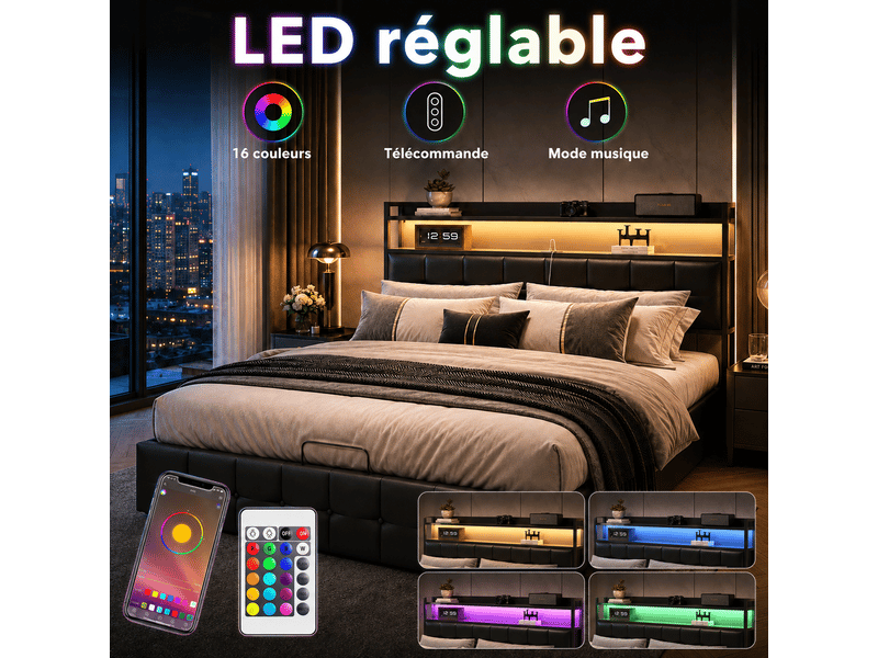 Lit coffre double 140x190cm avec led et prise usb tpye c - rangement de chevet et tête de lit rembourré- hydraulique - lit adulte 2 personnes - pu - noir - lit capitonné, lit 2 places, cadre de lit, lit ado, sommier à lattes, c… - Conforama C