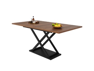 Table à manger rectangulaire extensible 120-160 x 80 cm, plateau mdf effet noyer, pieds croisés en métal noir, 6 à 8 places, design moderne