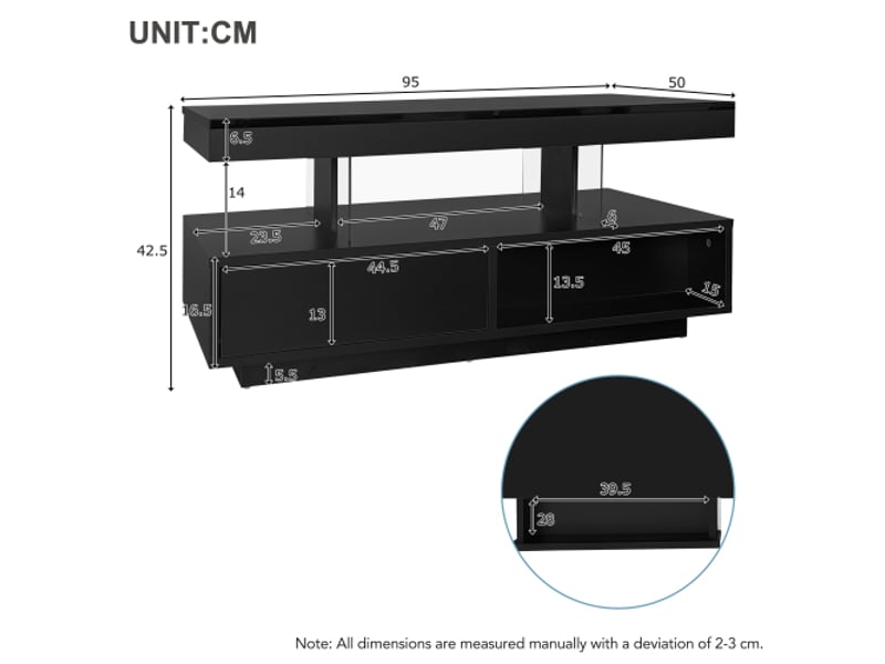  Table basse brillante en panneaux de particules avec lumière led,4 plateaux en verre,2 tiroirs et 2 compartiments ouverts,noir table basse noir - Conforama C