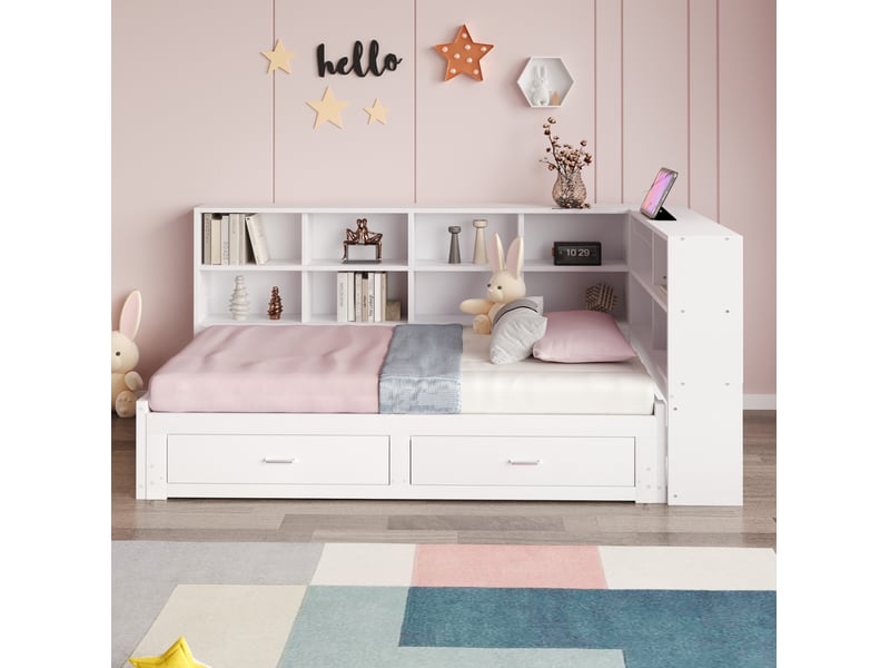  Modenvie lit gigogne 90180x190 cm - avec rangement et prises multifonctions, sommier inclus - blanc  - Conforama D