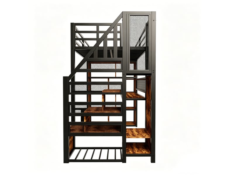  Lit enfant 90x200 cm avec éclairage led, lit mezzanine en métal avec armoire et bureau, lit simple, lit 1 personne, noir  - Conforama B