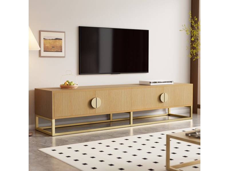  Meuble tv bois 180 cm moderne 4 portes avec poignées demi-lune et pieds métal doré  - Conforama W