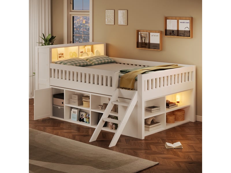  Lit mezzanine 140x200 cm blanc, avec rangements, étagères ouvertes, placard, led au chevet, échelle, sommier inclus, sans matelas  - Conforama B