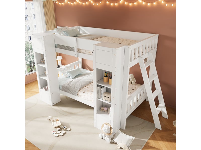  Lit superposé enfant 90 x 200 cm, 2 armoires frontales, étagère suspendue, échelle réversible, barrières, blanc evarich - Conforama E