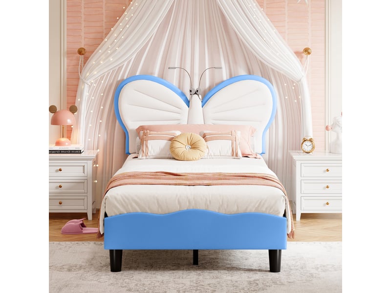  Lit 90x190cm - lit enfant 90x190 - lit simple papillon en velours avec lampes de lecture led intégrées &amp; tête réglable - bleu  - Conforama B