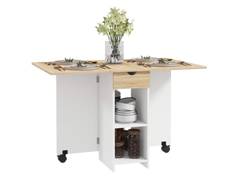  Table de cuisine pliante à roulettes avec accoudoirs rabattables, tiroir et étagères pour 2 à 4 personnes, 120 x 72 x 75 cm, chêne et blanc  - Conforama B