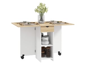Table de cuisine pliante à roulettes avec accoudoirs rabattables, tiroir et étagères pour 2 à 4 personnes, 120 x 72 x 75 cm, chêne et blanc