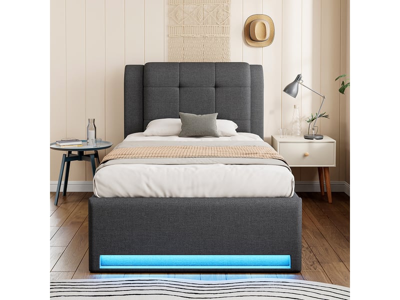 Lit rembourré 90x200 cm avec lit gigogne, éclairage led et sommier à lattes, lin gris - Conforama C