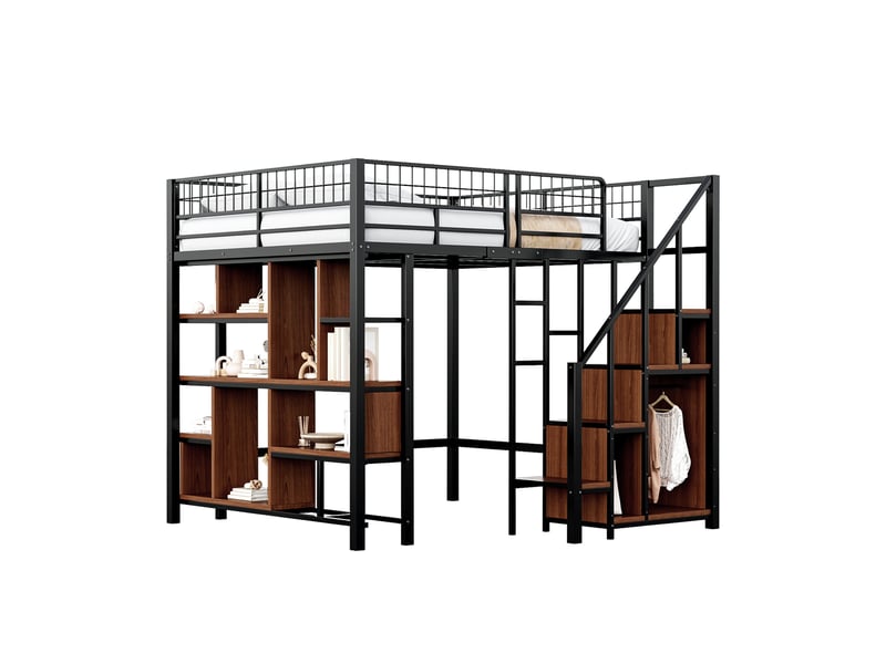 Lit mezzanine 140x200 cm métal pour adulte et ado avec escalier et rangements, design moderne en mdf + contreplaqué - noir - Conforama A