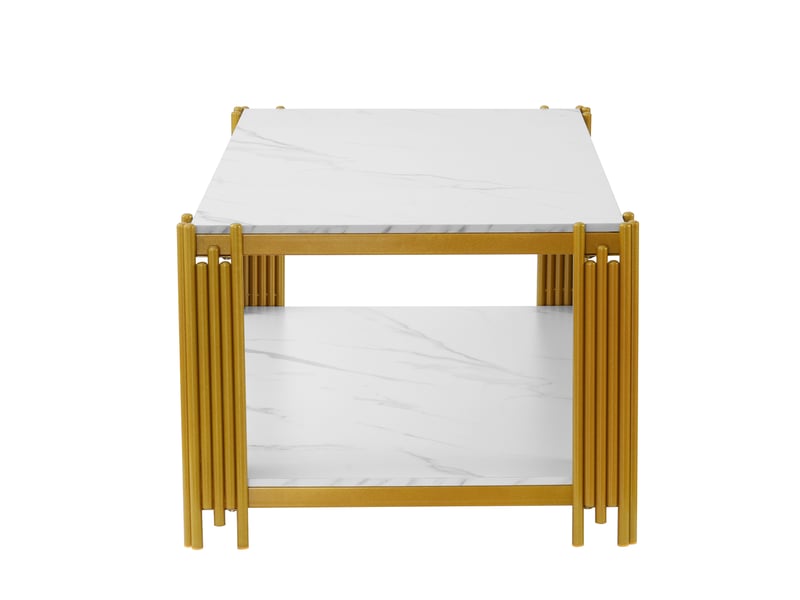  Table basse rectangulaire avec 2 étagères de rangement pour salon en mdf et métal blanc et doré  - Conforama D