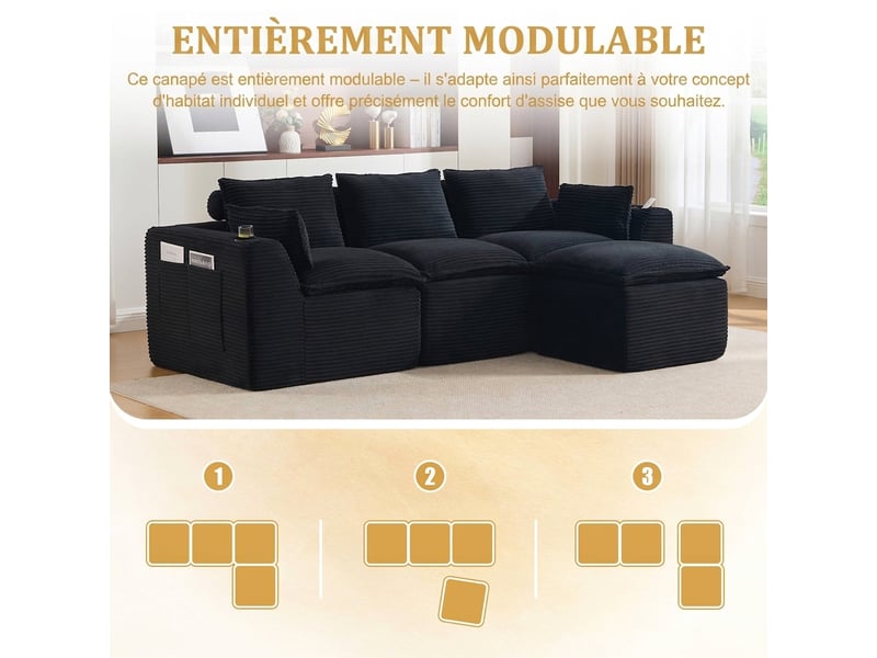 Canapé 3 places velours côtelé noir modulable avec pouf 256 cm - porte-gobelet et poches - Conforama E