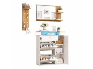 Meubles d'entrée avec miroir, étagère, meuble à chaussures 3 niches, 4 crochets et led pour entrée 105×25×151,5 cm