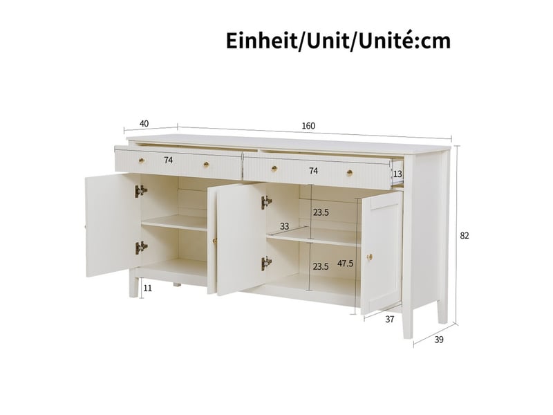 Buffet de salle à manger, avec 2 tiroirs et 4 portes, doté de poignées dorées et d'un espace de rangement généreux, blanc - Conforama C