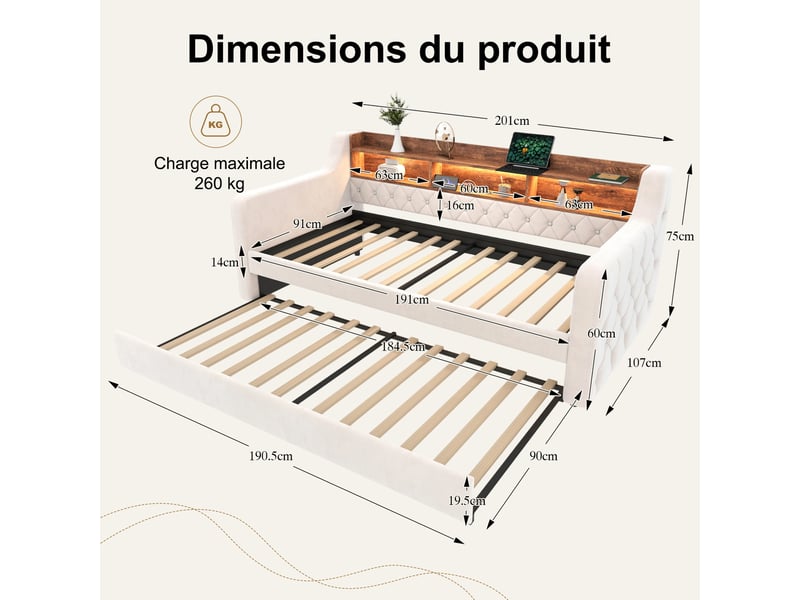  Lit gigogne beige 90x190 cm, lit extensible avec rangement et éclairage led, tissu velours  - Conforama C