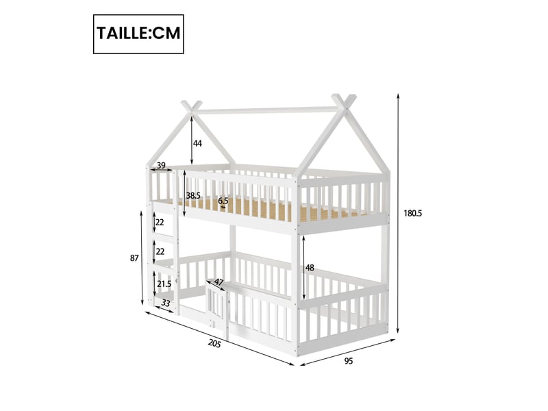  Lit mezzanine, lit simple en bois avec escalier, barrières et porte, 90x200 cm, blanc, matelas non précisé  - Conforama D